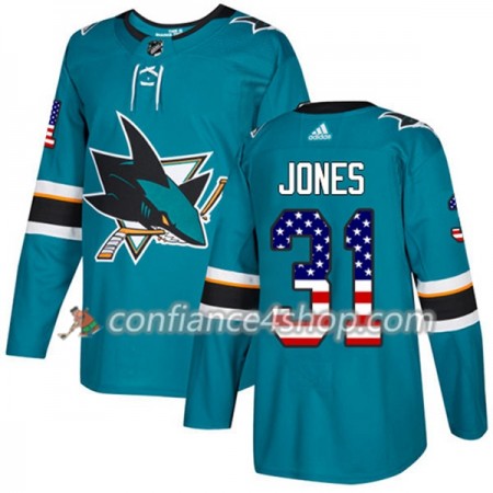 Adidas Maillot de Hockey San Jose Sharks Martin Jones 31 2017-2018 Teal USA Flag Fashion Authentic - Homme